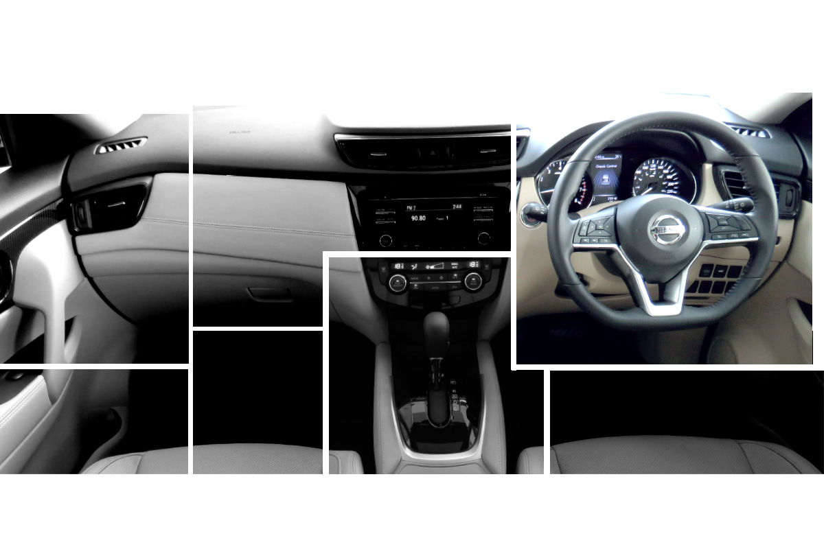 X-Trail Interior Design collage focus on D-shape steering wheel